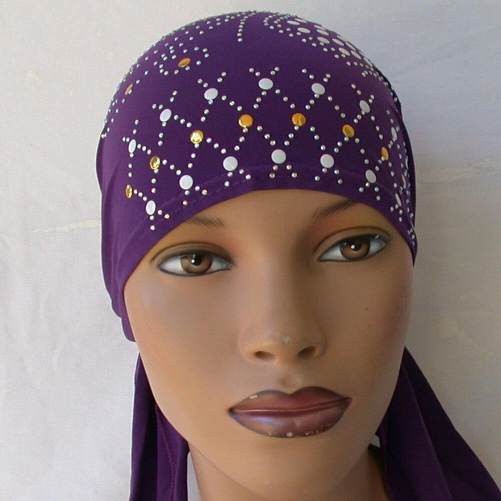 PURPLE Pre-Tied Stud Chemo Cap Slip On Bonnet Hijab Undercap #4